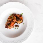 White plate, Miso garlic prawns
